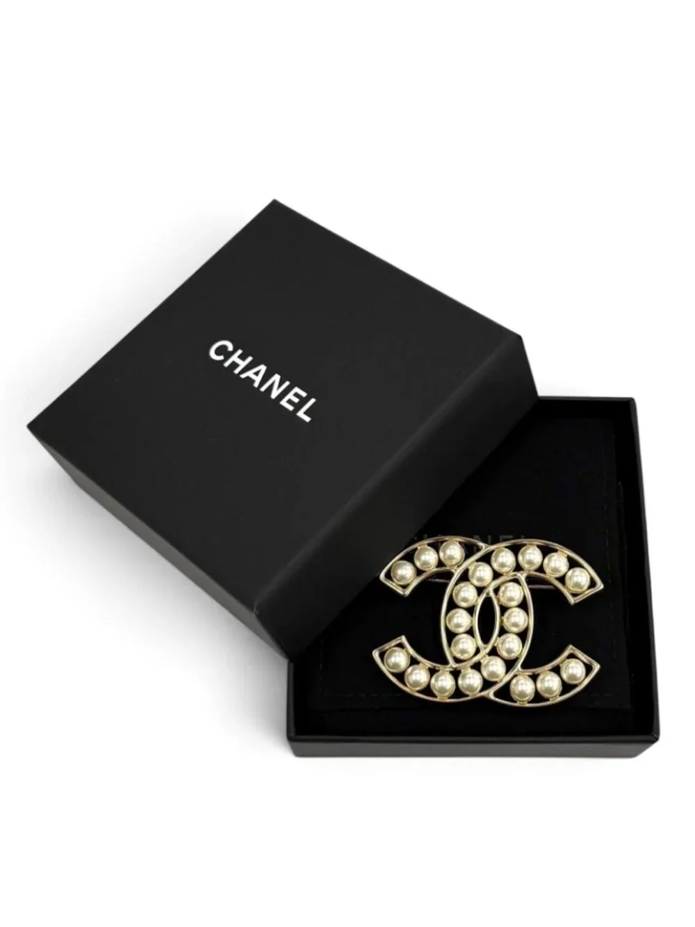 Chanel CC Logo Faux Pearl Brooch White Gold